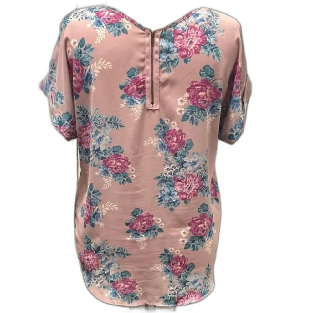 HIPPIE ROSE Junior’s Back-Zip Cuff-Sleeved Top, Purple Floral Size L - Picture 6 of 6